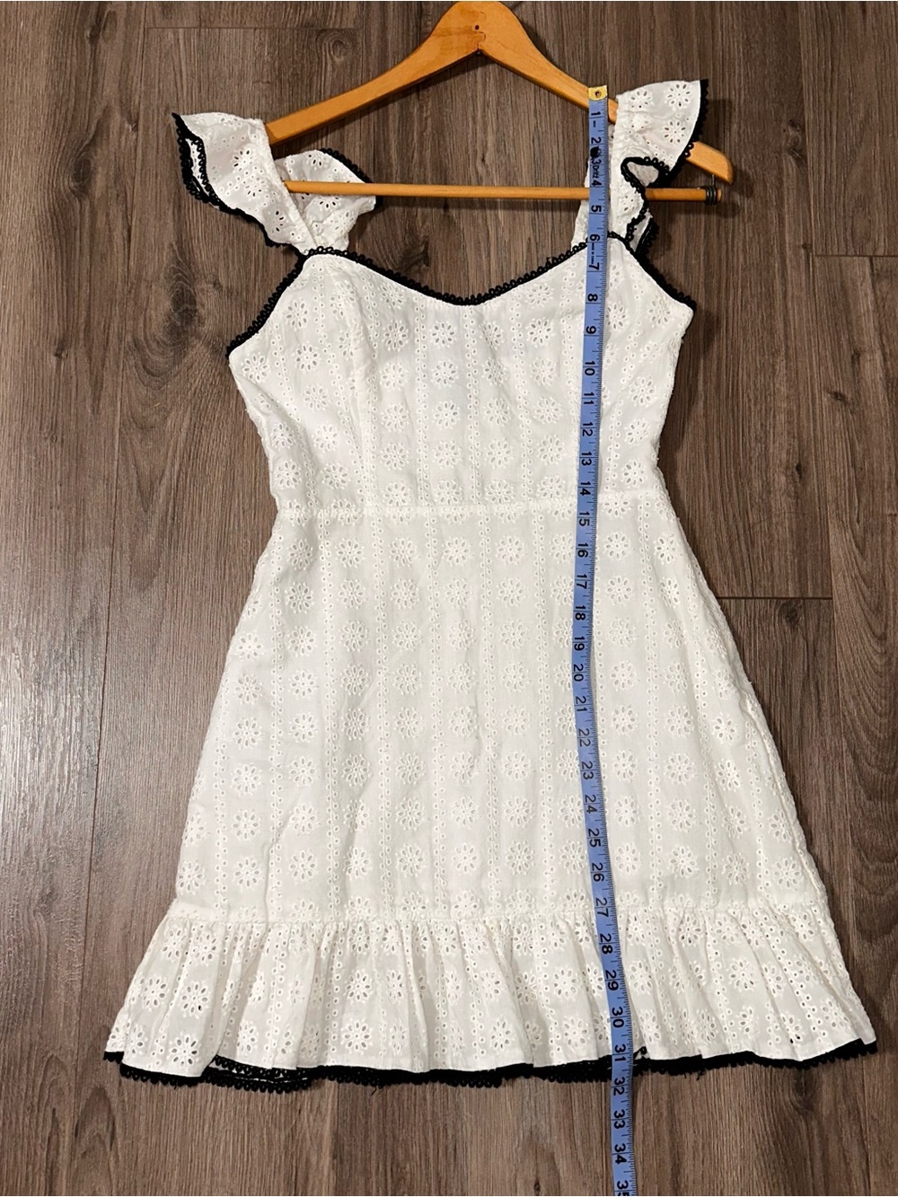 White Eyelet Cotton Mini Dress with Black Trim Cotton Lining Summer NWOT - Picture 8 of 10